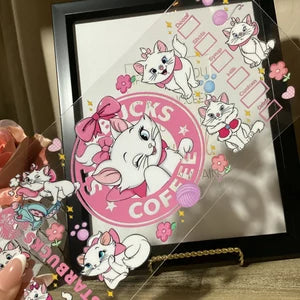 Marie Disney the Aristocats 16oz UVDTF cup wrap, ready to apply STICKERS Turkish Angora Cat, Starbucks Coffee logo with flowers, paw prints and yarn balls