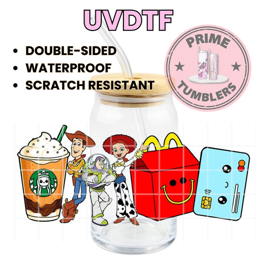 Toy Story McDonalds shopping Starbucks 16oz Libbey Glass Cup Wrap UVDTF, Ready to apply decal STICKERS