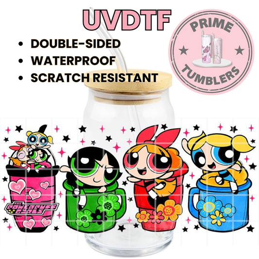 The Powerpuff Girls 16oz Libbey Glass Cup Wrap UVDTF, Ready to apply decal STICKERS cups superpower Blossom, Bubbles, and Buttercup