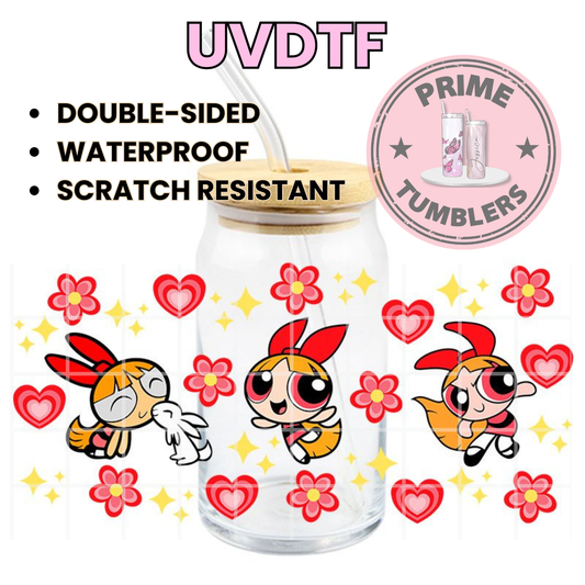 The Powerpuff Girls leader 16oz Libbey Glass Cup Wrap UVDTF, Ready to apply decal STICKERS red Blossom intelligent and determined Townsville city