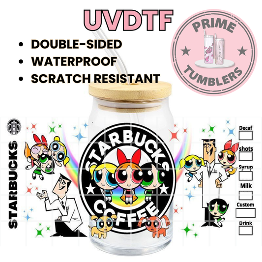 The Powerpuff Girls 16oz Libbey Glass Cup Wrap UVDTF, Ready to apply decal STICKERS Starbucks