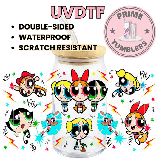The Powerpuff Girls superpower 16oz Libbey Glass Cup Wrap UVDTF, Ready to apply decal STICKERS Blossom, Bubbles, and Buttercup created by Professor Utonium