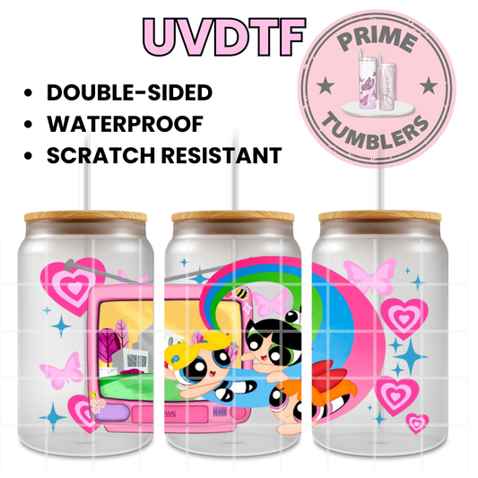 The Powerpuff Girls 16oz Libbey Glass Cup Wrap UVDTF, Ready to apply decal STICKERS Tv show