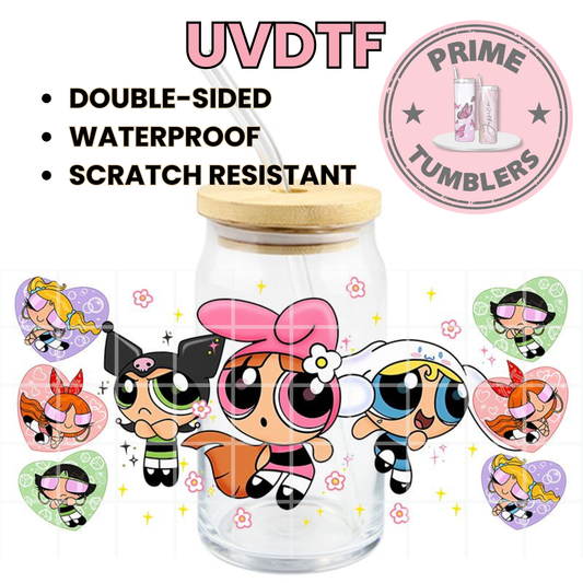 The Powerpuff Girls 16oz Libbey Glass Cup Wrap UVDTF, Ready to apply decal STICKERS Sanrio Kawaii Blossom My Melody, Bubbles Cinnamoroll, and Buttercup Kuromi