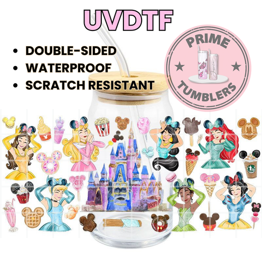 Disney princesses 16oz Libbey Glass Cup Wrap UVDTF, Ready to apply decal STICKERS Princess Belle, Aurora, Cinderella, Tiana, Ariel, and Snow White Disneyland