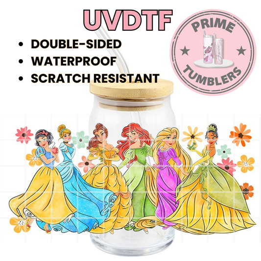 Disney princesses 16oz Libbey Glass Cup Wrap UVDTF, Ready to apply decal STICKERS Princess Snow White, Cinderella, Belle, Ariel, Rapunzel and Tiana