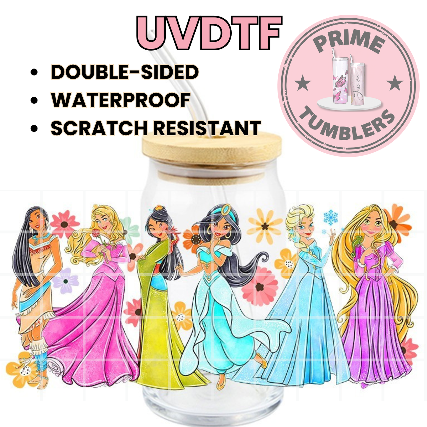 Disney princesses 16oz Libbey Glass Cup Wrap UVDTF, Ready to apply decal STICKERS Princess Pocahontas, Aurora, Mulan, Jasmine, Elsa and Rapunzel