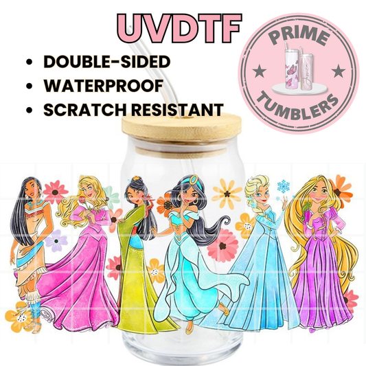 Disney princesses 16oz Libbey Glass Cup Wrap UVDTF, Ready to apply decal STICKERS Princess Pocahontas, Aurora, Mulan, Jasmine, Elsa and Rapunzel