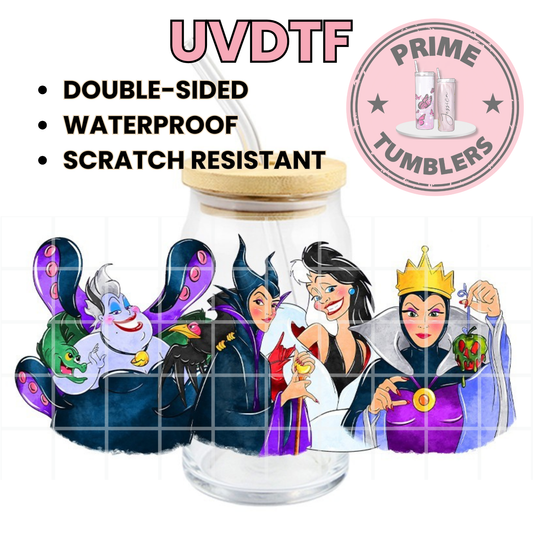 Disney villains 16oz Libbey Glass Cup Wrap UVDTF, Ready to apply decal STICKERS Ursula, Maleficent, Cruella de Vil and The Evil Queen