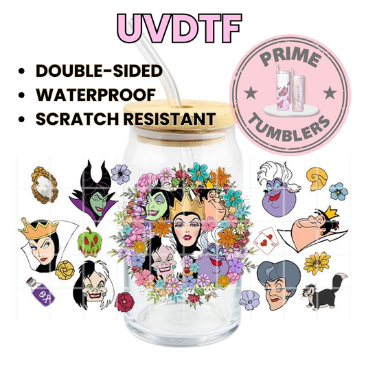 Disney villains The Evil Queen, Cruella de Vil, Ursula, and Maleficent and Lady Tremaine 16oz Libbey Glass Cup Wrap UVDTF, Ready to apply decal STICKERS