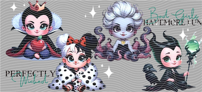 Disney villains The Evil Queen, Cruella de Vil, Ursula, and Maleficent PERFECTLY Wicked and Bad Girls HAVE MORE FUN 16oz Libbey Glass Cup Wrap UVDTF, Ready to apply decal STICKERS