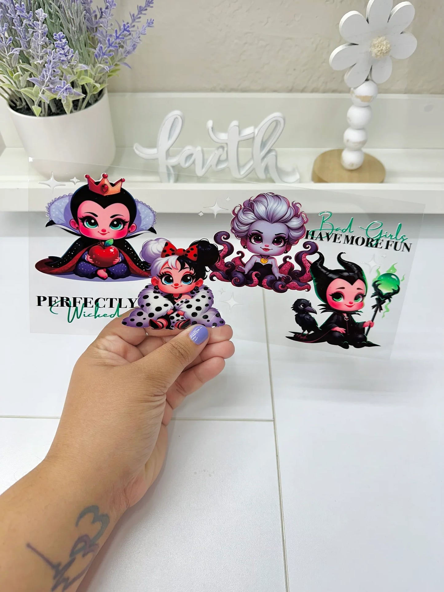 Disney villains The Evil Queen, Cruella de Vil, Ursula, and Maleficent PERFECTLY Wicked and Bad Girls HAVE MORE FUN 16oz Libbey Glass Cup Wrap UVDTF, Ready to apply decal STICKERS