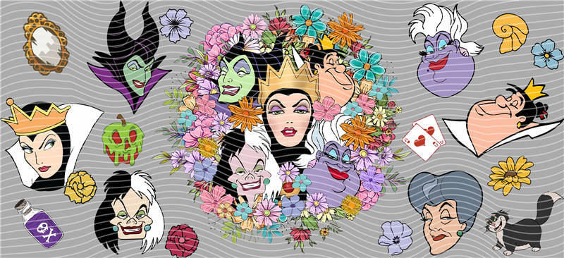 Disney villains The Evil Queen, Cruella de Vil, Ursula, and Maleficent and Lady Tremaine 16oz Libbey Glass Cup Wrap UVDTF, Ready to apply decal STICKERS