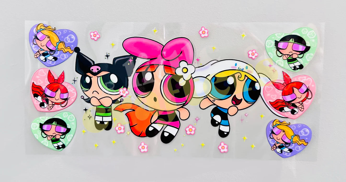 The Powerpuff Girls 16oz Libbey Glass Cup Wrap UVDTF, Ready to apply decal STICKERS Sanrio Kawaii Blossom My Melody, Bubbles Cinnamoroll, and Buttercup Kuromi