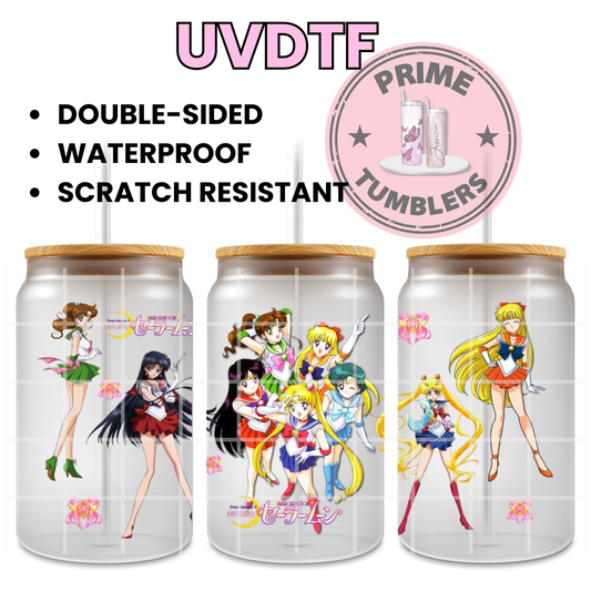 Sailor Moon Usagi Tsukino 16oz Libbey Glass Cup Wrap UVDTF, Ready to apply decal STICKERS Japanese manga anime Sailor Jupiter, Sailor Mars, Sailor Venus, and Sailor Mercury Pretty Guardian Sailor Moon