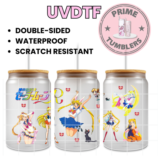 Sailor Moon Usagi Tsukino 16oz Libbey Glass Cup Wrap UVDTF, Ready to apply decal STICKERS Japanese manga anime Sailor Guardians, Sailor Mercury, Sailor Mars, and Sailor Jupiter