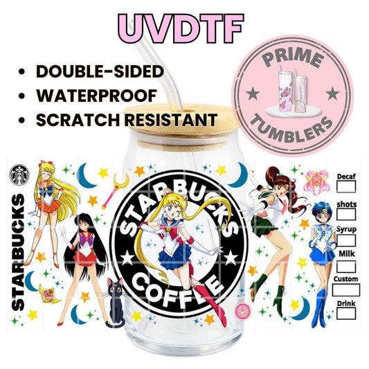 Sailor Moon Usagi Tsukino 16oz Libbey Glass Cup Wrap UVDTF, Ready to apply decal STICKERS Japanese manga anime Sailor Moon, Sailor Mars, Sailor Mercury, and Sailor Venus, Starbucks logo Coffee