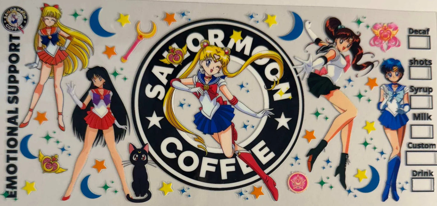 Sailor Moon Usagi Tsukino 16oz Libbey Glass Cup Wrap UVDTF, Ready to apply decal STICKERS Japanese manga anime Sailor Moon, Sailor Mars, Sailor Mercury, and Sailor Venus, Starbucks logo Coffee