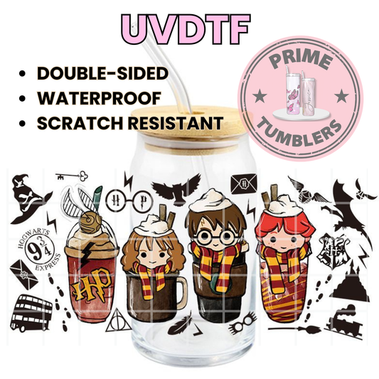 Harry Potter drink coffee 16oz Libbey Glass Cup Wrap UVDTF, Ready to apply decal STICKERS Harry Potter, Hermione Granger, and Ron Weasley HP