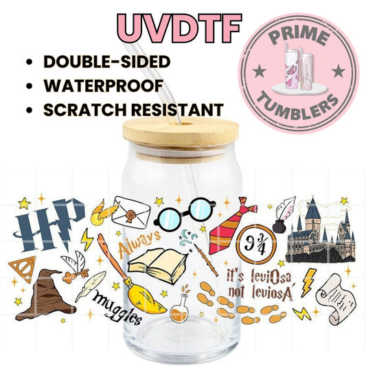Harry Potter It's LeviOsa not LeviosA 16oz Libbey Glass Cup Wrap UVDTF, Ready to apply decal STICKERS Hogwarts castle, Sorting Hat, Golden Snitch, Platform 9¾ sign HP muggles