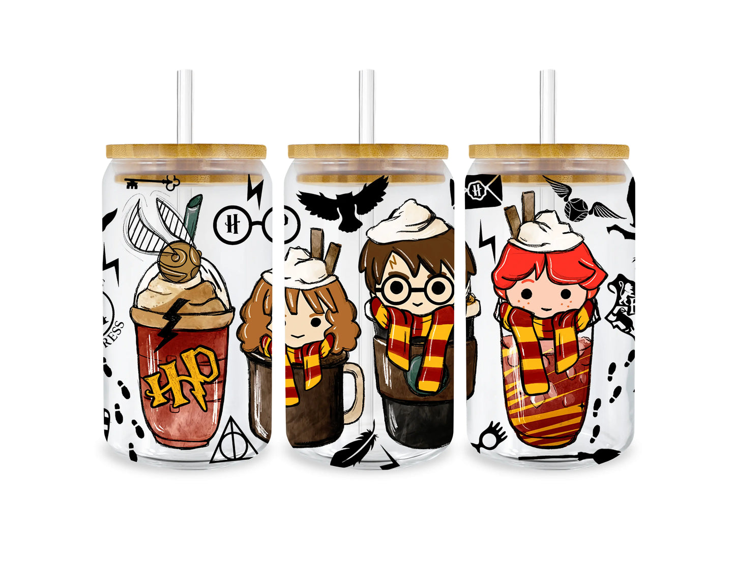 Harry Potter drink coffee 16oz Libbey Glass Cup Wrap UVDTF, Ready to apply decal STICKERS Harry Potter, Hermione Granger, and Ron Weasley HP