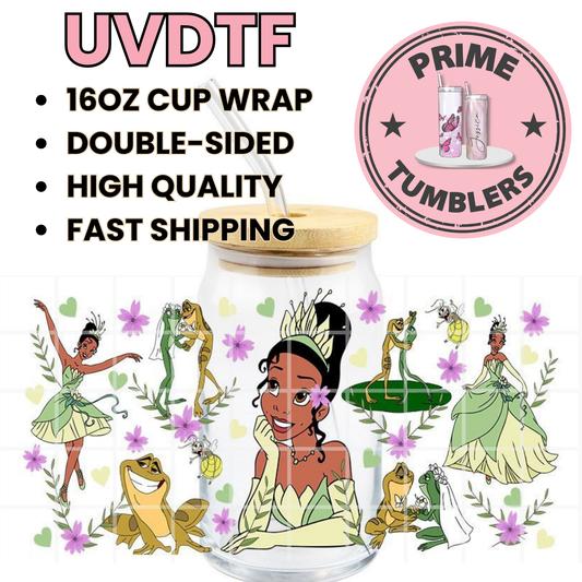 Princess Tiana and Prince Naveen as a green frog 16oz UVDTF cup wrap, ready to apply STICKERS decals