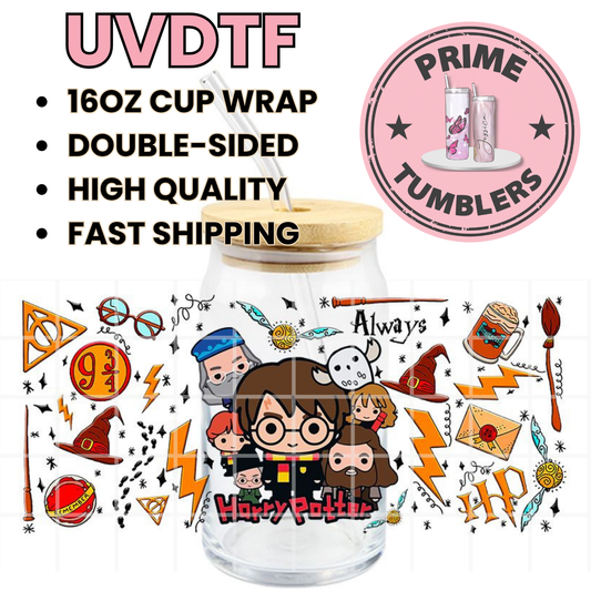 Harry Potter 16oz Libbey Glass Cup Wrap UVDTF, Ready to apply decal STICKERS chibi cartoon Hogwarts crest, Deathly Hallows symbol, and Golden Snitch WIZARD HP