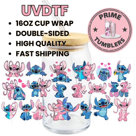 Disney Lilo & Stitch, ANGEL and STITCH mini LOVE 16oz UVDTF cup wrap, ready to apply STICKERS decals