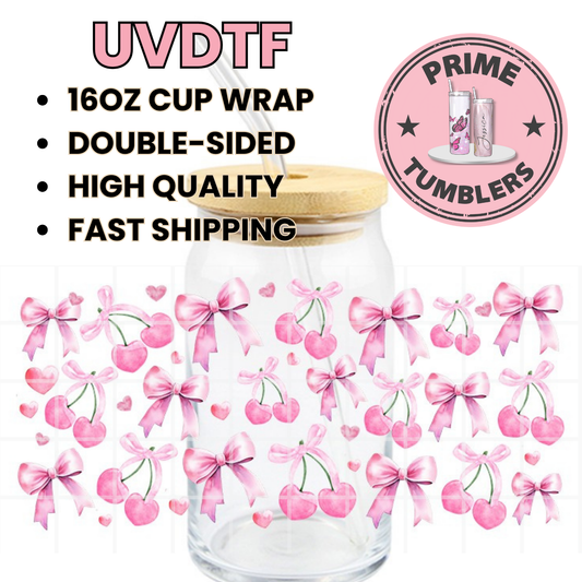 BOWS cherry Coquette 16oz UVDTF cup wrap, ready to apply STICKERS on