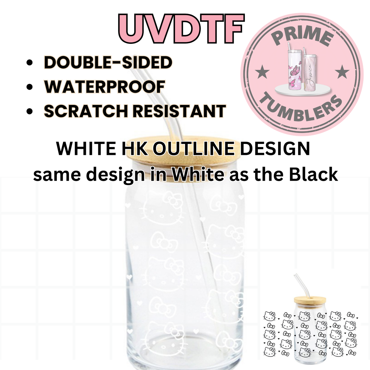 Hello Kitty white outline 16oz UVDTF cup wrap, ready to apply STICKERS HK