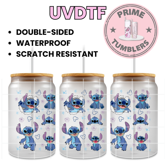 Disney's Stitch Blue 16oz Libbey Glass Cup Wrap UVDTF, Ready to apply decal STICKERS experiment 626 created by alien Dr. Jumba Jookiba