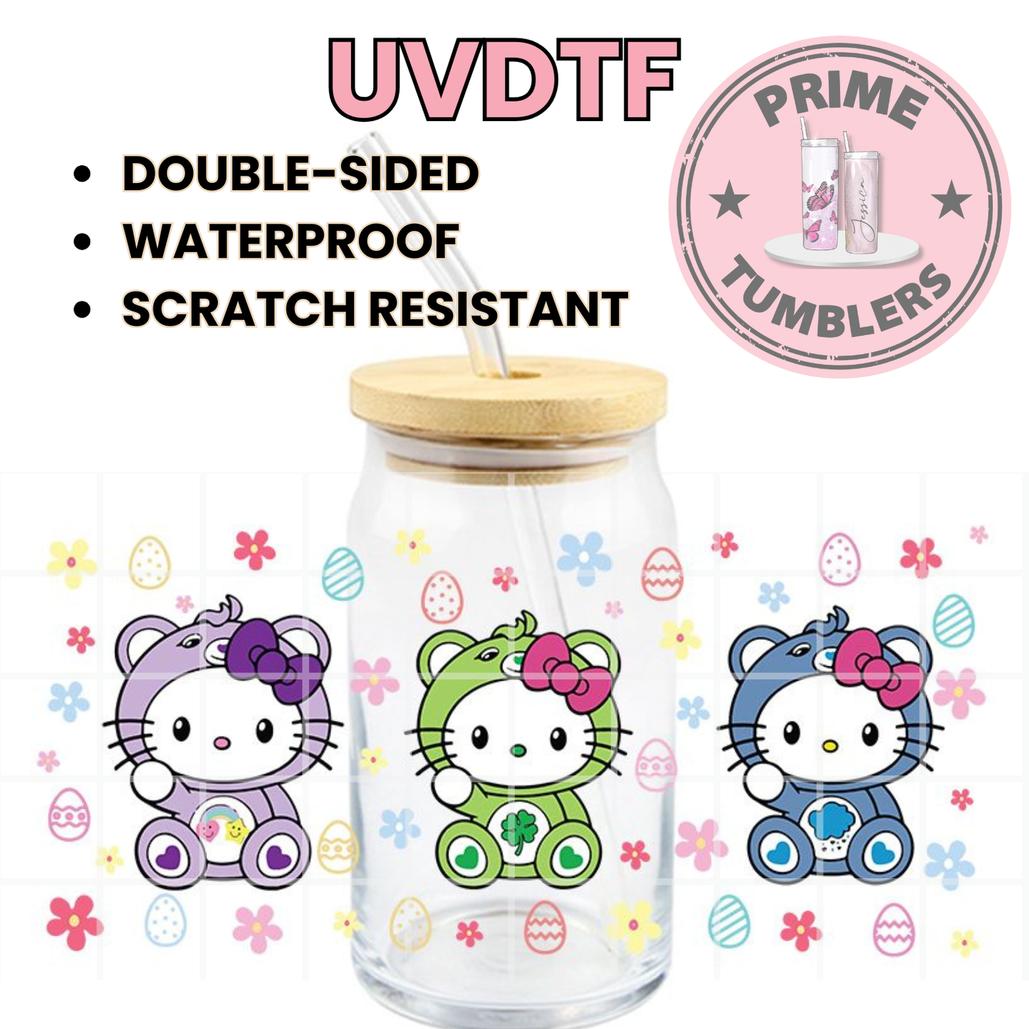 Hello Kitty Care Bears 16oz UVDTF cup wrap, ready to apply STICKERS Sanrio HK Kawaii Easter