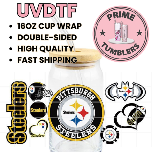 Pittsburgh STEELERS football 16oz UVDTF cup wrap, ready to apply STICKERS