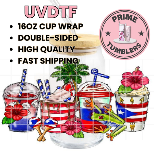 Puerto RICO flag 16oz UVDTF cup wrap, ready to apply STICKERS