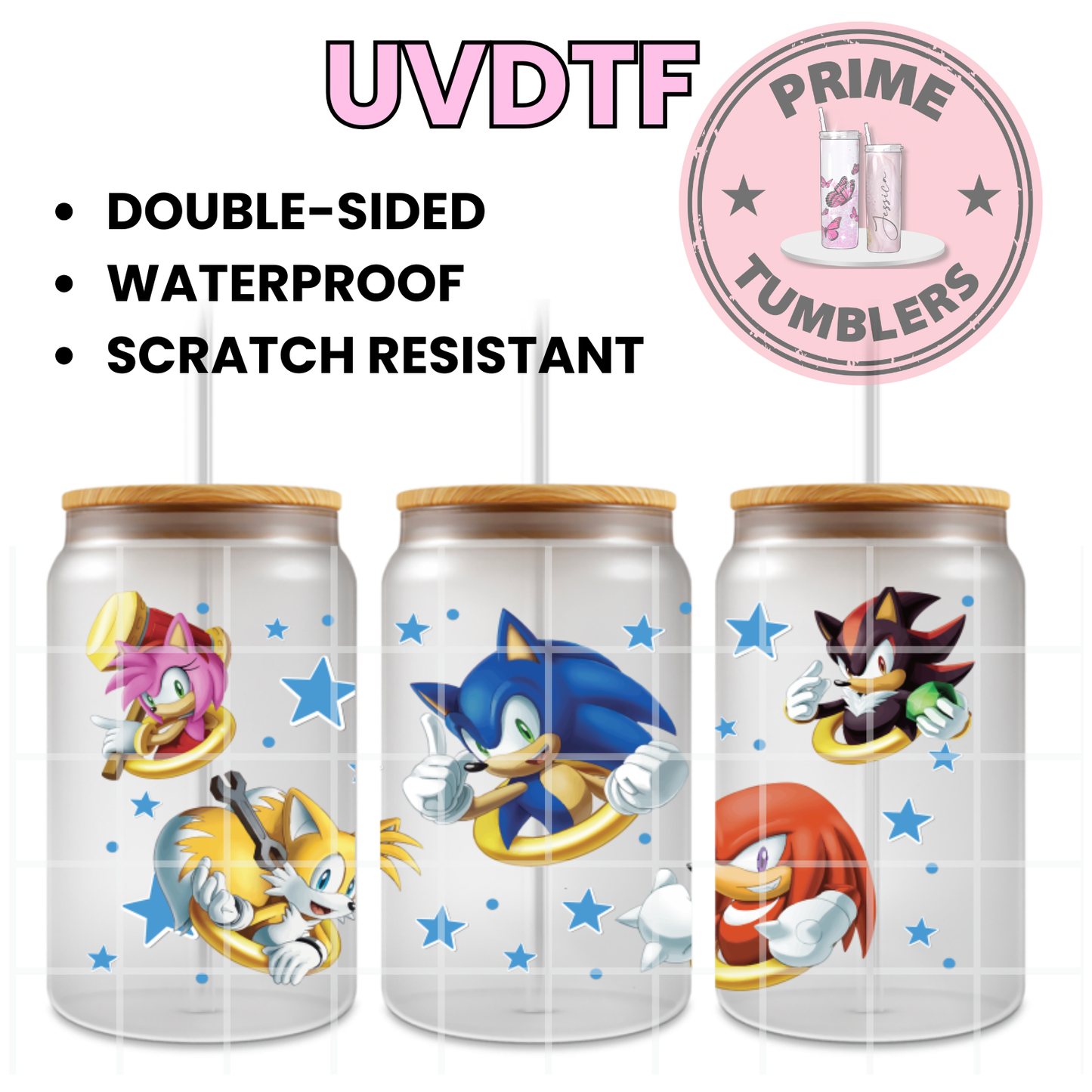 Amy Rose, Tails, Knuckles, Shadow and Sonic the Hedgehog 16oz UVDTF cup wrap, ready to apply STICKERS Decals