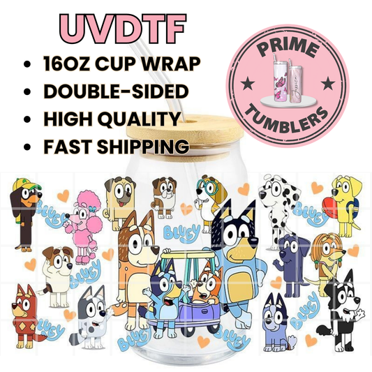 BLUEY family 16oz UVDTF cup wrap, ready to apply STICKERS on