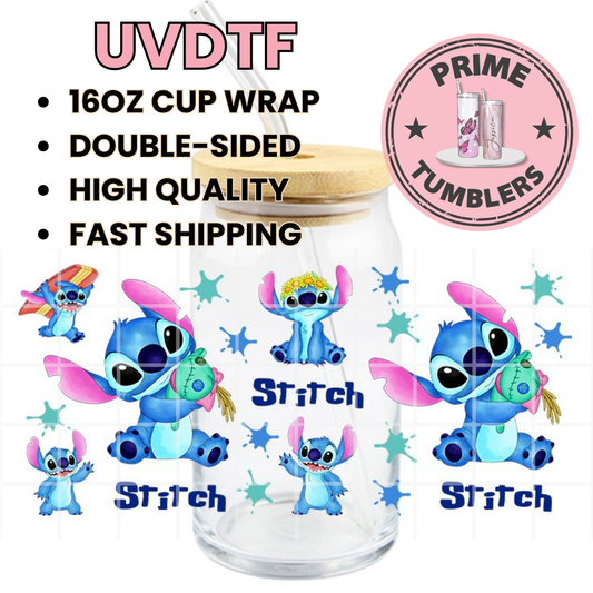 STITCH movie cute blue cartoon 16oz UVDTF cup wrap, ready to apply STICKERS on