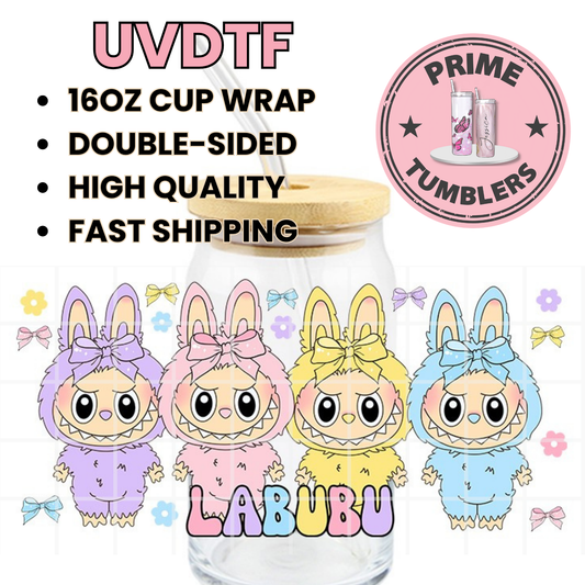 LABUBU name Kawaii 16oz Libbey Glass Cup Wrap UVDTF, Ready to apply decal STICKERS Labubus Pop Mart