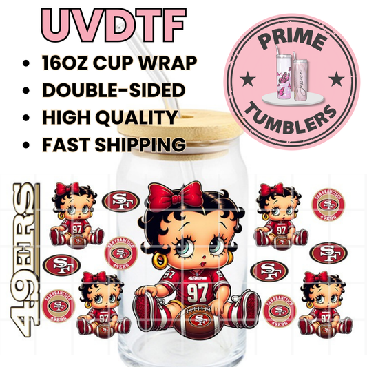 Betty Boop Football 49ers Niners BP SF San Francisco 16oz UVDTF cup wrap, ready to apply STICKERS