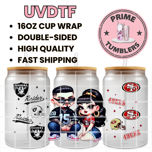 Raider Boy NINERS girl couple SF RAIDERS 49ers Football 16oz UVDTF cup wrap, ready to apply STICKERS