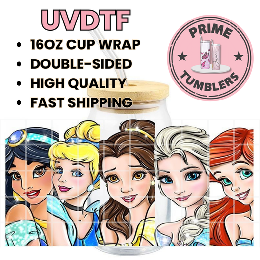 Disney Princesses Ariel Elsa Belle Cinderella Jasmine 16oz UVDTF cup wrap, ready to apply STICKERS