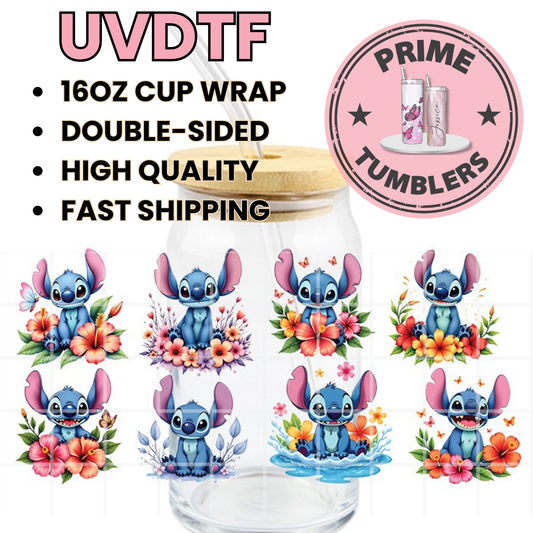 STITCH floral cute cartoon 16oz UVDTF cup wrap, ready to apply STICKERS
