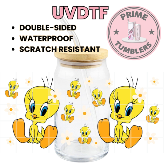 Tweety Bird flowers 16oz Libbey Glass Cup Wrap UVDTF, Ready to apply decal STICKERS Warner Bros Looney Tunes yellow canary