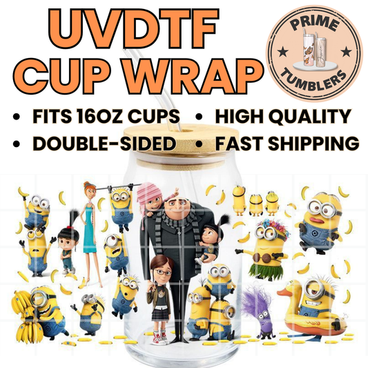 Despicable Me and Minions 16oz UVDTF cup wrap, ready to apply STICKERS yellow minion, Gru, Lucy Wilde, Margo, Edith and Agnes