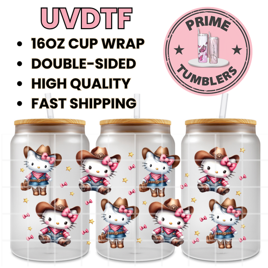 Western Cowboy cowgirl Hello Kitty 16oz UVDTF cup wrap, ready to apply STICKERS