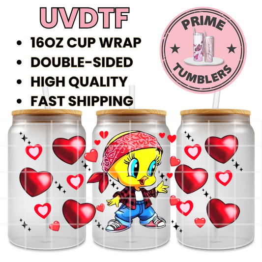 Tweety Bird red hearts 16oz Libbey Glass Cup Wrap UVDTF, Ready to apply decal STICKERS Disney Warner Bros Looney Tunes yellow canary