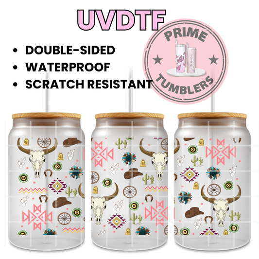 Western Skull cow 16oz UVDTF cup wrap, ready to apply STICKERS decal cowgirl