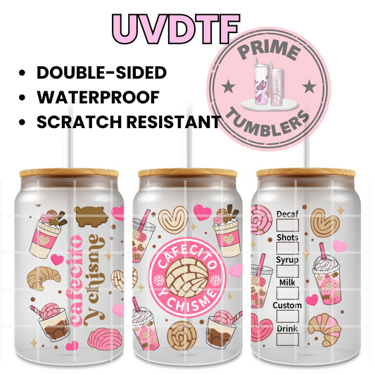 Cafecito y chisme pink coffee 16oz UVDTF cup wrap, ready to apply STICKERS (Copy)