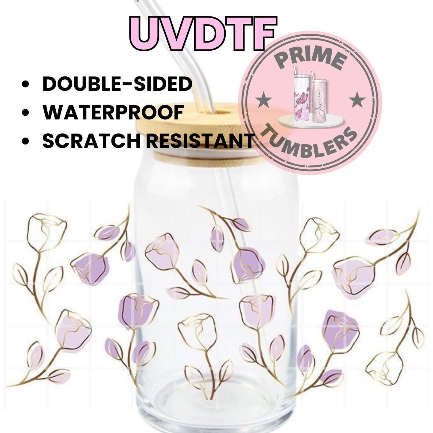 Purple and Gold roses 16oz UVDTF cup wrap, ready to apply STICKERS flower decal