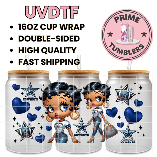 Cowboys Black Girl Betty Boop 16oz UVDTF cup wrap, ready to apply STICKERS Disney